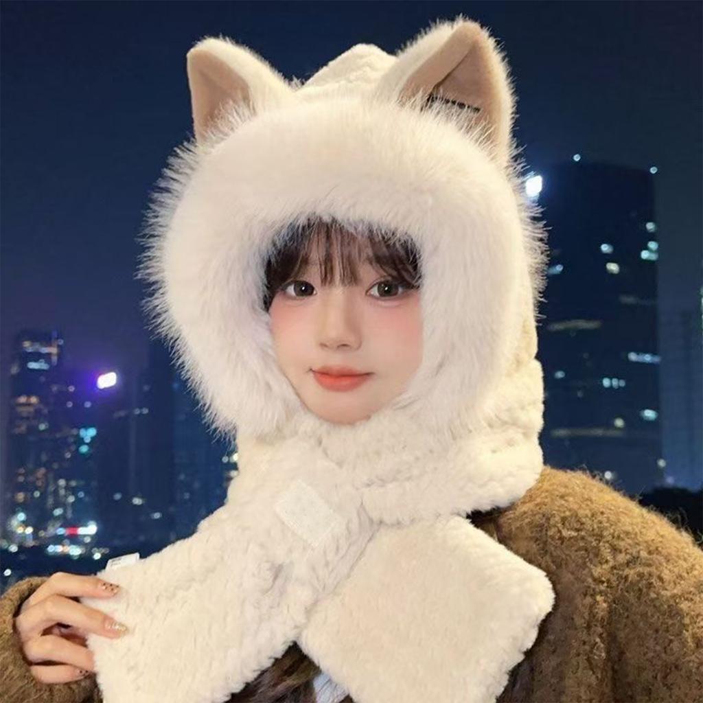 Women's Cute Fleece Thicken Warm Ear Hat Scarf One-Piece Hat