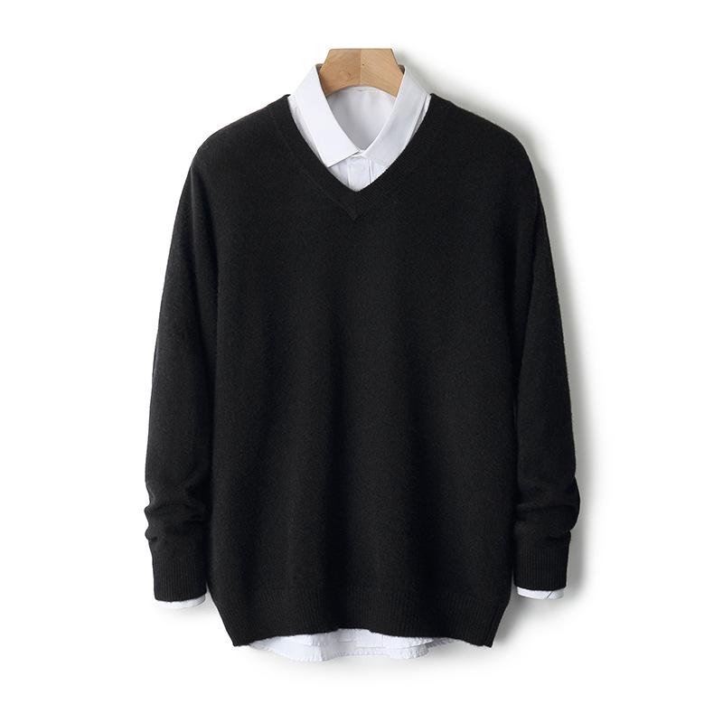 Herren V-Ausschnitt reiner Wollpullover - Lässiger locker gestrickter Pullover