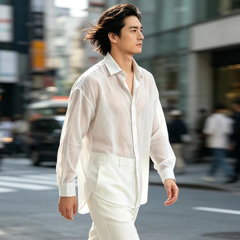 Street Style Handsome Blouse Loose Long Sleeve Shirt Ultra Thin Cool Breathable Unisex Luxury Casual Top Teen Student Shirts
