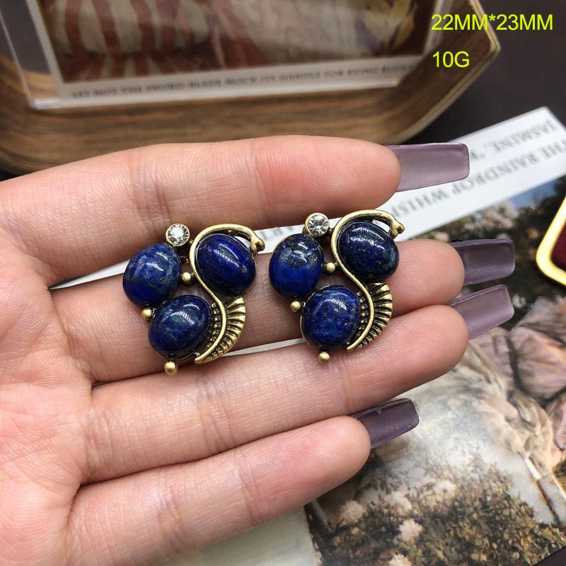 Vintage Design Copper Chain Made Old Gold Qinghai Green Turquoise Lapis Lazuli Necklace Stud Earrings Set Elegant Versatile Jewelry