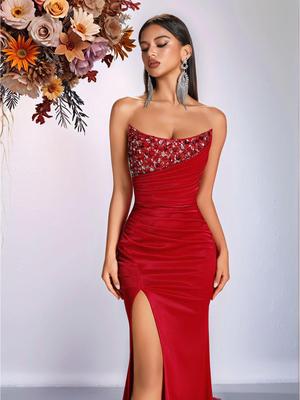 Elegant Rhinestone Sequin Strapless Evening Gown with Slit