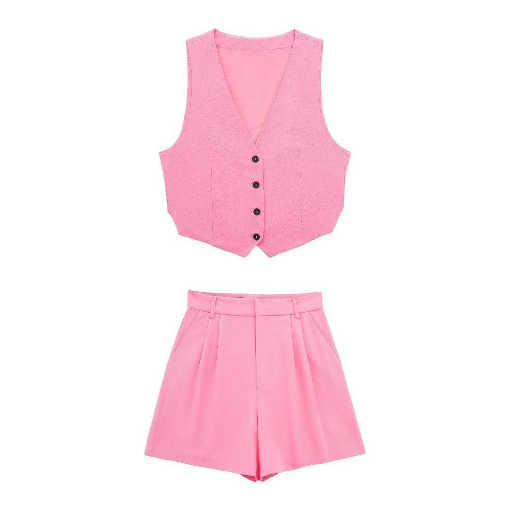 2024 Summer Women's Solid Color Fashion Split Vest & Shorts Set