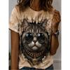 Mode Damen Retro Kreatives Katzenmuster Druck T-Shirt Lustig Lässig Rundhalsausschnitt Kurzarm T-Shirt Sommer Damen T-Shirt