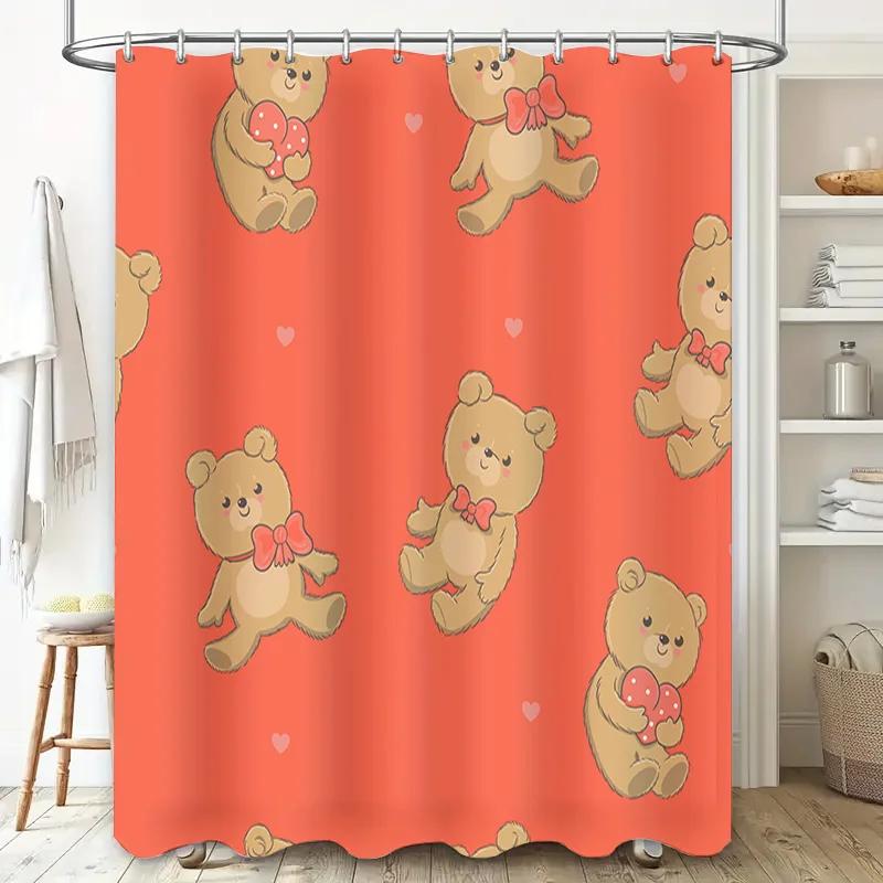 Whimsical Red Bath Shower Curtain with Adorable Teddy Bears Holding Hearts Decorate Your Bathroom with a Touch of Sweetness