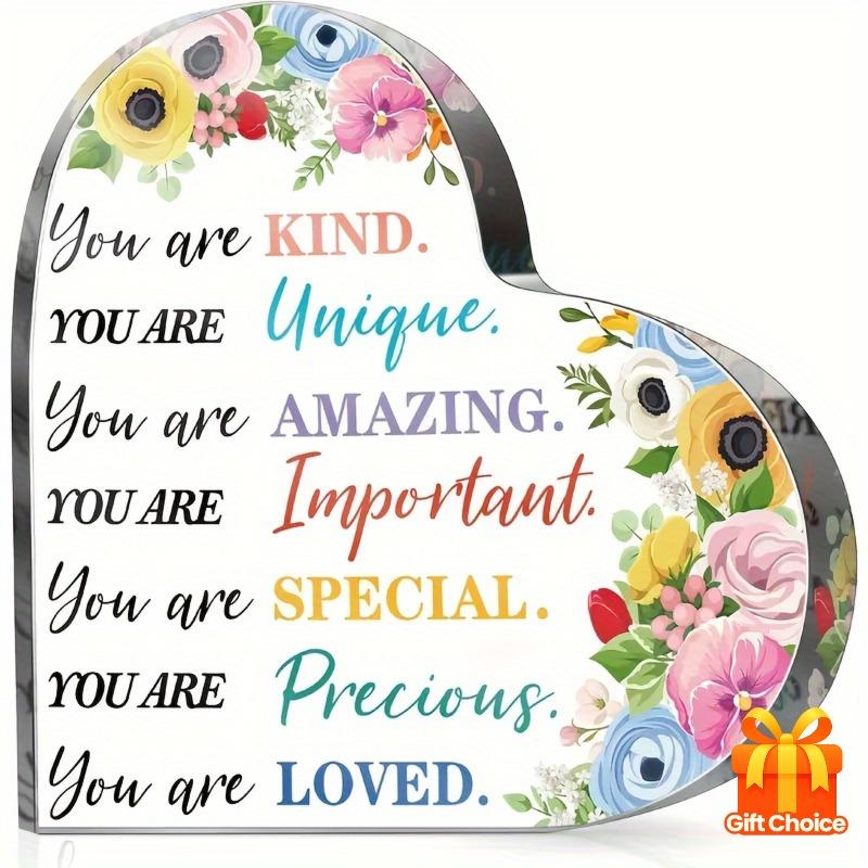2D Flat  You Are Kind, Unique, Amazing, Important, Special, Precious, Loved  Heart-Shaped Acrylic Inspirational Decorations Plaque, Colorful Floral De 10*10cm