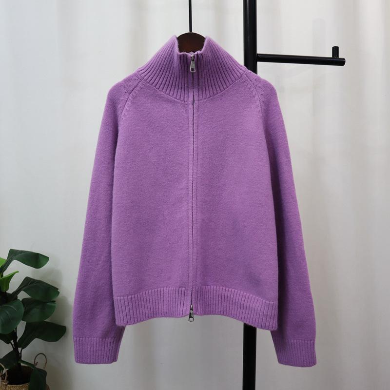 Thickened double zipper sweater jacket autumn and winter new loose solid color casual versatile knitted cardigan women