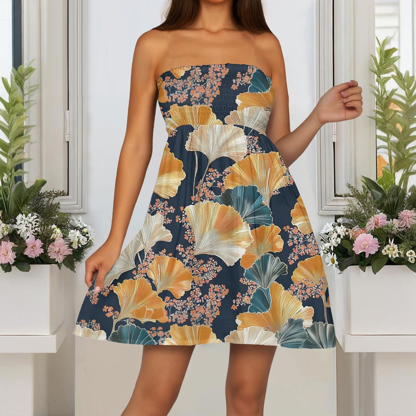 

Модное женское повседневное платье-бандо с цветочным принтом без рукавов S оранжевый