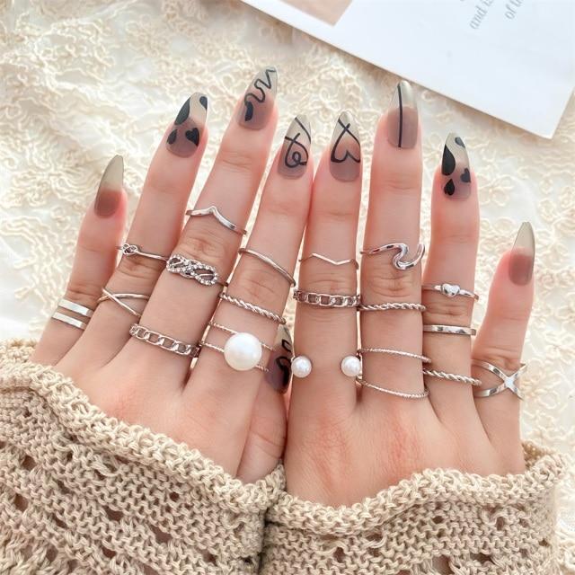 Sada prstenů s českým zlatým řetízkem pro ženy Fashion Boho Coin Snake Moon Rings Dárkové šperky Party Trend