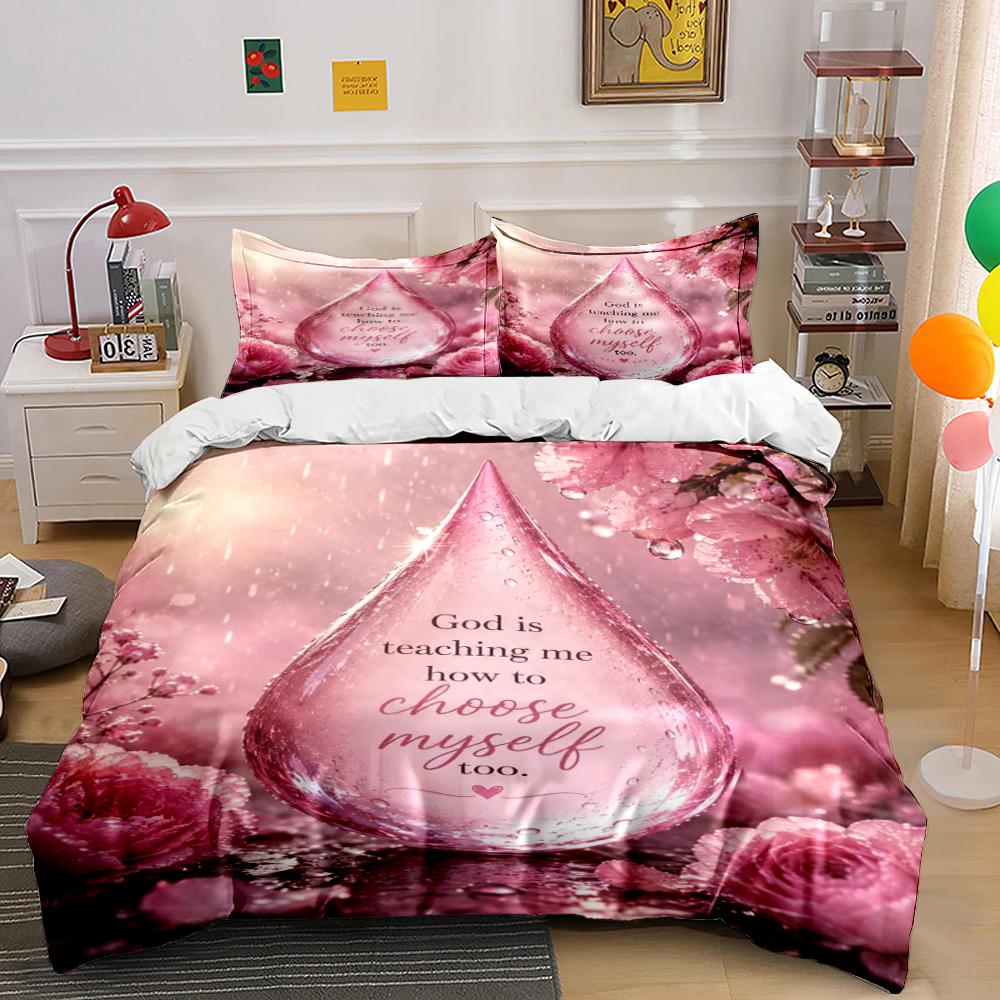 Pink Floral Bedding Set with Inspiring Quote Bedding set (1 duvet cover, 2 pillowcases, duvet not included) 135x200cm