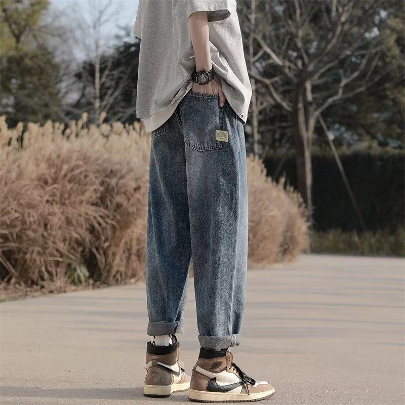 JYL Джинсы для пар Синие Рваные Нашивка Звезда Летние Американский Хай-стрит Прямые Широкие Джинсовые M