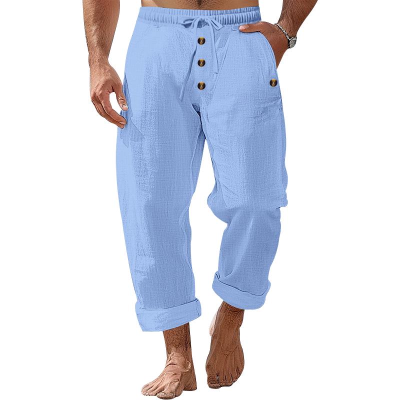 Men's Casual American Style Solid Linen Drawstring Button Straight Leg Pants for Spring and Autumn