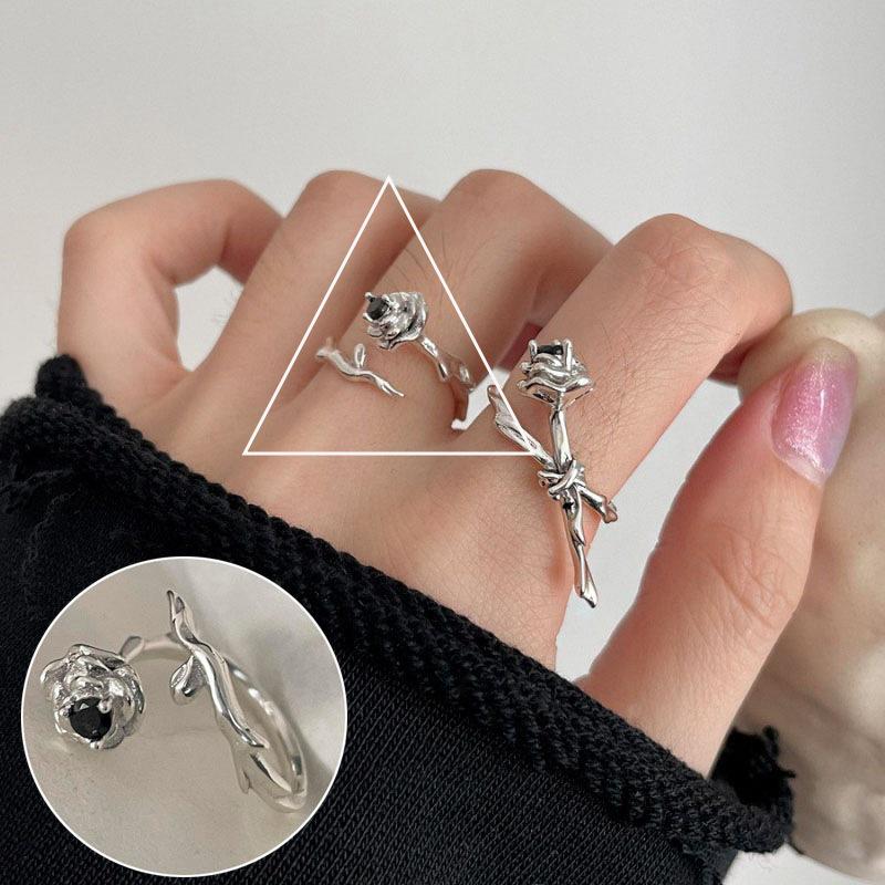 Korean S925 Silver Cross Military Flower Ring: Retro, Adjustable, Fashionable Hip-Hop Index Finger Design for Women.