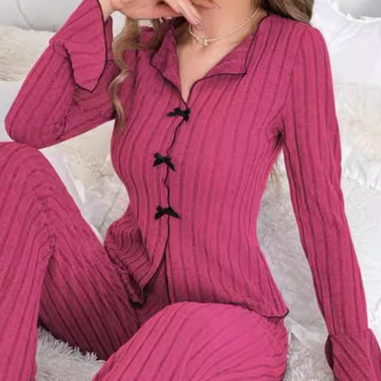 Women 2 Piece Lounge Set Ribbed Button Down Lapel Collar Bowknot Pajamas Set Long Sleeve Soft Comfy Pjs Sleepwear