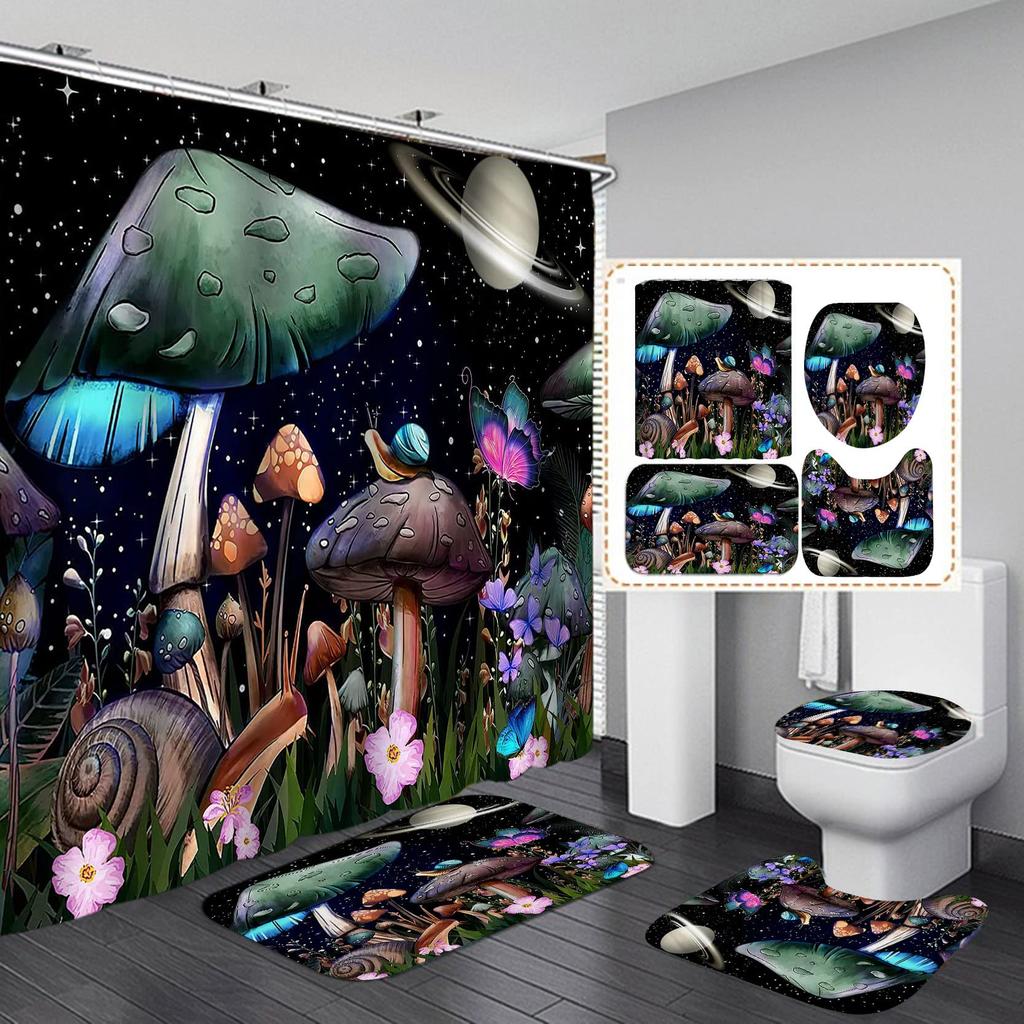 Fantasy Forest Fabric Shower Curtain Set Night Mysterious Jungle Full Moon Lake Vine Mushroom Butterfly Fairy Tale Bathroom Set