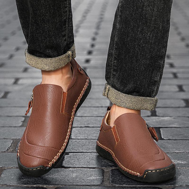 Men's Autumn Casual Leather Slip-On Shoes, Large Size, Soft Sole, Non-Slip, Hand-Stitched, Side Zipper