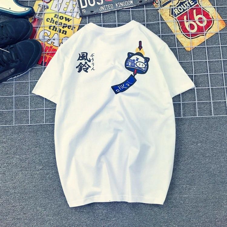 Japan Fengtian Store Pig Wind Chimes Cartoon Simple Printing Teen Couple T-Shirt Men's and Women's Short Sleeves