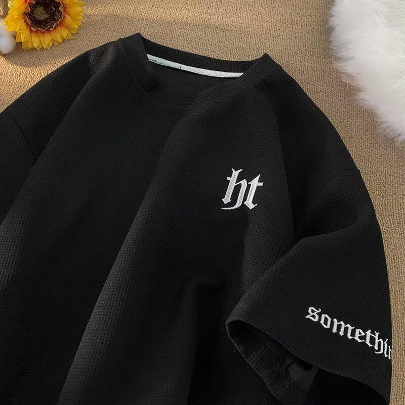 Men's Short-Sleeved Heavyweight Waffle T-Shirt - Trendy, Versatile, Casual, with Embroidered Design