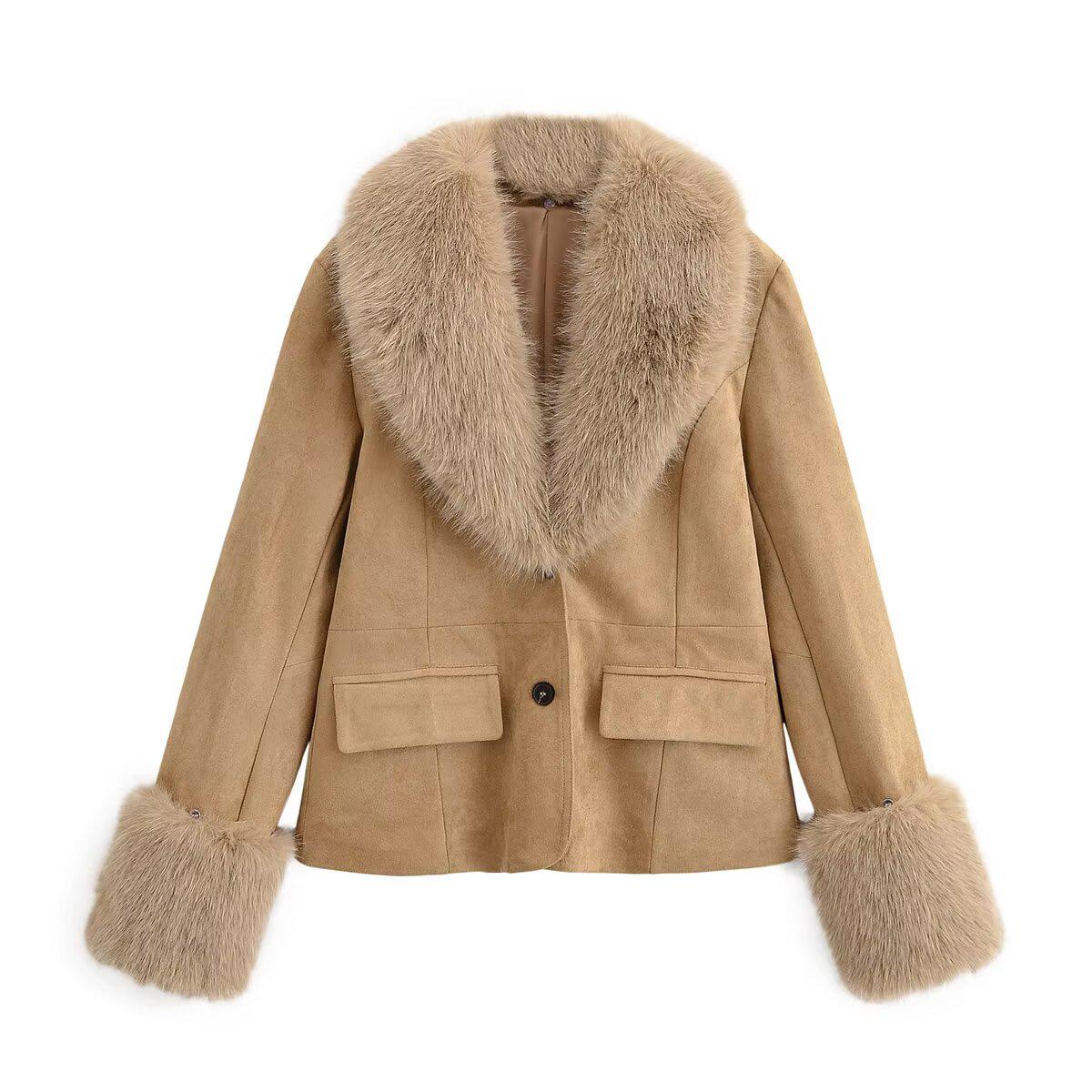 Women s Winter Fur Collar Suede Blazer with Large Lapel M
