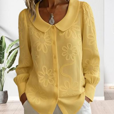 Camicia da Donna Vestibilità Larga Collo a Bambola Manica Lunga Abbottonatura Frontale Camicia Top Ricamo Floreale Jacquard Fantasia Vestibilità Larga Camicia