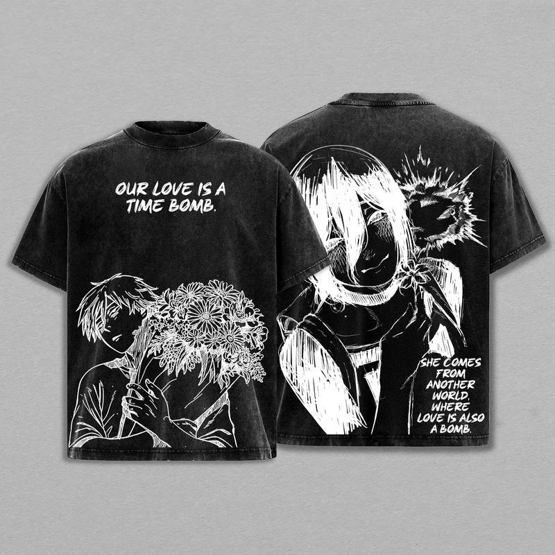 Графическая футболка Reze Человек-бензопила Аниме Винтажная стираная оверсайз футболка Мужская Женская Одежда Хлопковая футболка с коротким рукавом XXL чёрный 1700₽