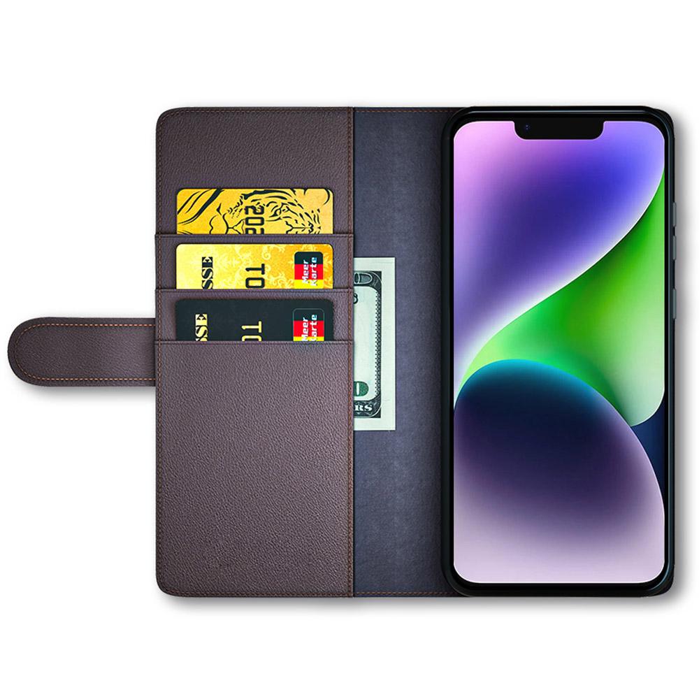 

For iPhone 15 Plus Case Genuine Split Leather Phone Cover with Wallet Stand Black