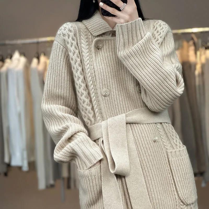 Women's Elegant Casual Thickened Mid-Length Cardigan Lazy-Style Knit Jacket