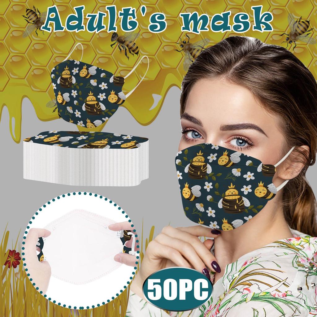 Adult's Disposable Unisex Bee Printed Outdoor Prevention Fish Mask Face 