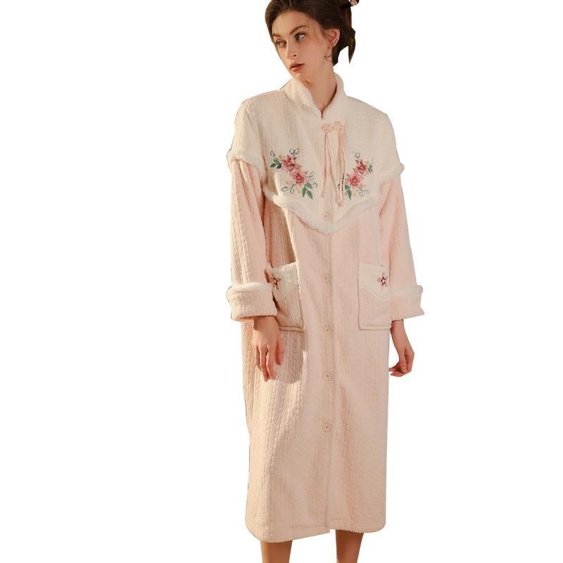 Women's Warm Velvet Stand Collar Frog Button Robe Pajama Set for Fall Winter