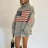 STREETRICH European and American Autumn and Winter Design Sense Flag Print Knit Sweater Casual Loose Round Neck Pullover Sweater