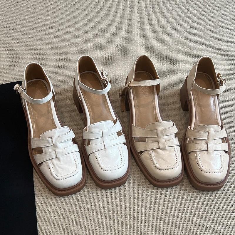 

Мягкая кожаная версия ретро бежевые римские сандалии-гладиаторы с французским ретро летние новые на толстом каблуке одинарные туфли женские 40 абрикосовый