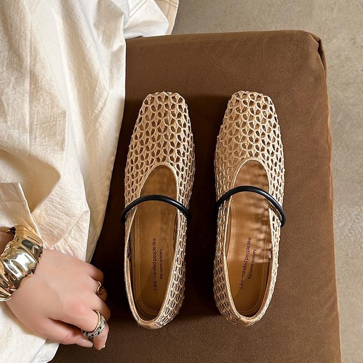 Foreign Trade Hand-woven Empty Mesh Single Shoes 2025 New Lazy Wind Word with Flat Bottom Square Head Mary Jane Shoes