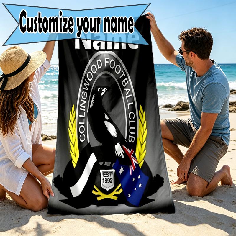 Personalisierbares Strandtuch mit individuellem Namen und Collingwood Magpies Print, für Reise, Camping, Strandparty, Heimdekoration, Geburtstagsgeschenk für Familie & Freunde