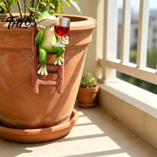 Creative Home Decor Items Resin Frog on Ladder Statue, Funny Holding Wine Glass Figurine, Whimsical Desk Accessories Garden Plant Pot Hanging Ornament