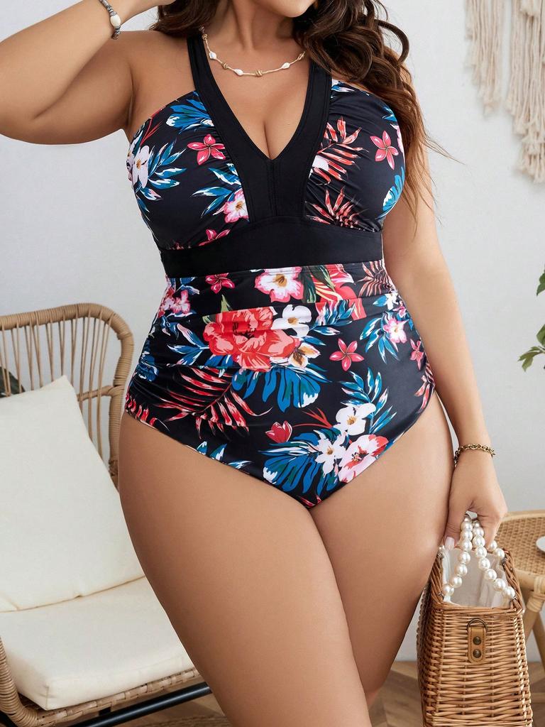 Einteilige Badeanzüge in Übergröße, bedruckt, V-Ausschnitt, sexy Badeanzüge 2024, Badeanzug zur Bauchkontrolle für Damen, Push-Up-Bademode