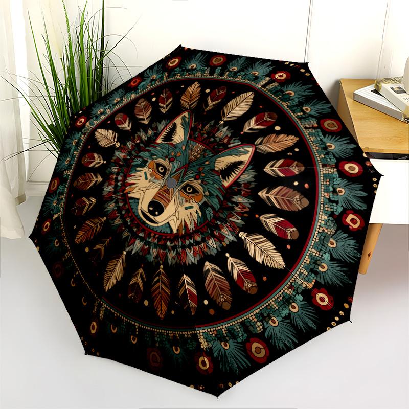 Indian - Style Wolf Pattern, Automatic Folding Umbrella, Portable and Foldable Design, 8 Ribs, a Christmas or Birthday Gift.