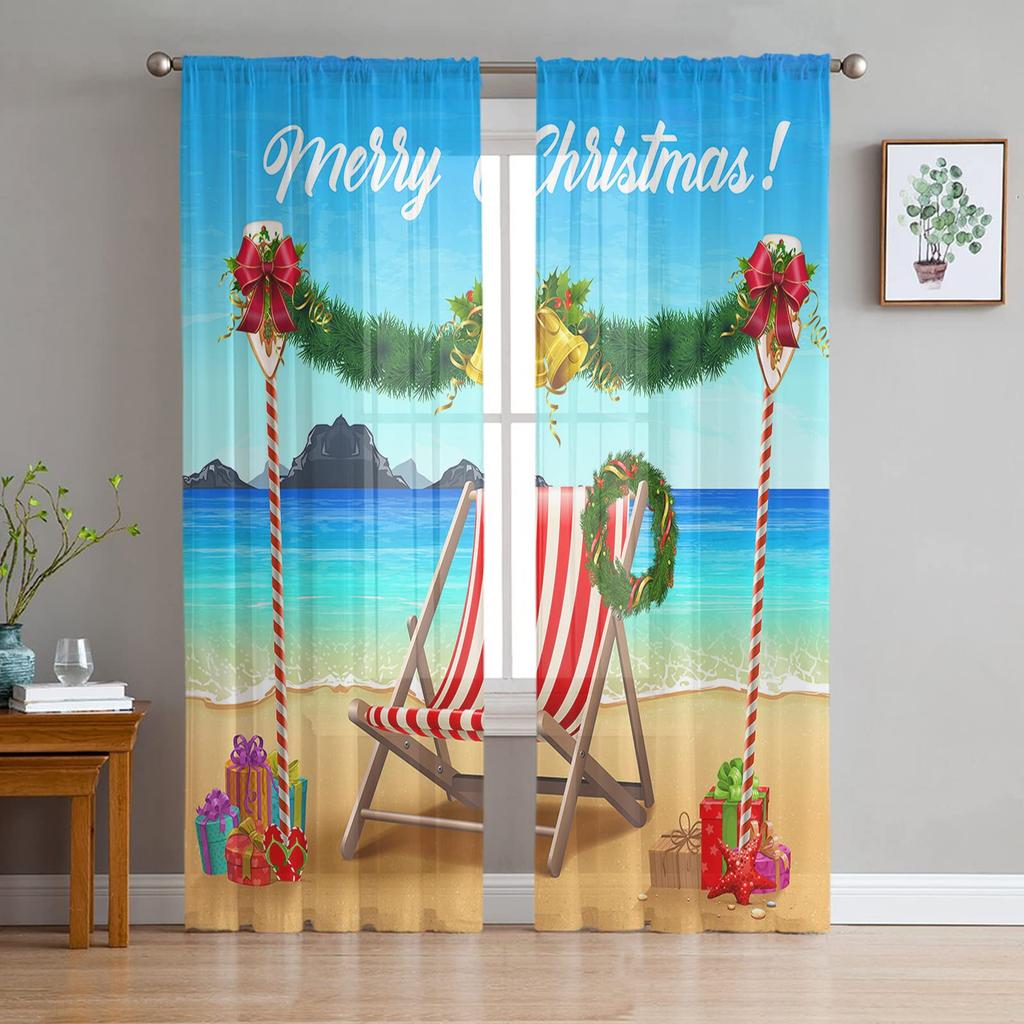 Christmas Tree Print Curtain Bedroom Living Room Cafe Xmas Snowflake Winter Semi Drape Voile Window Treatment Sheer For Sitting Made Of Polyester