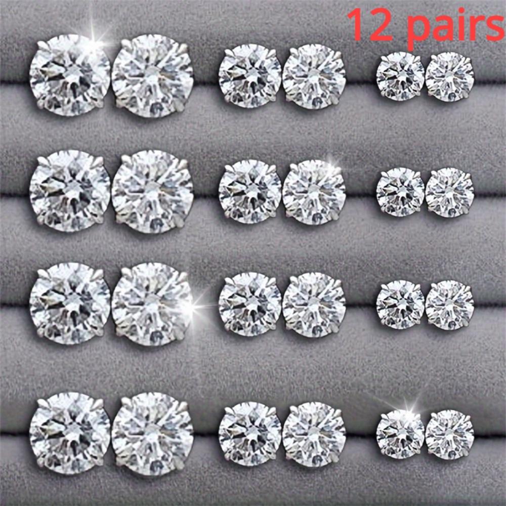 12 Pairs Set Stainless Steel Silver Color CZ Stud Earrings with Gemstone Buds Round Earrings Jewelry Accessories Unisex
