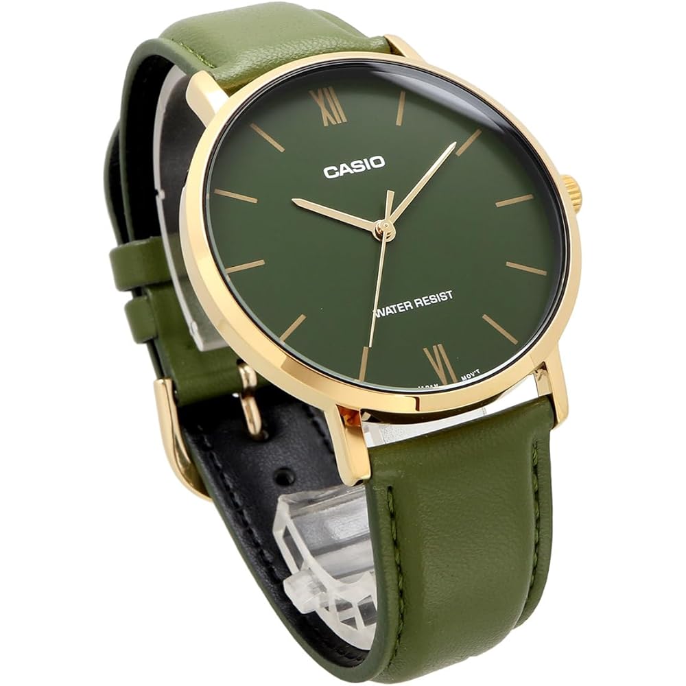 Casio MTP-VT01GL-3B Quartz Men's Watch Gold Green Leather Band Imported Model