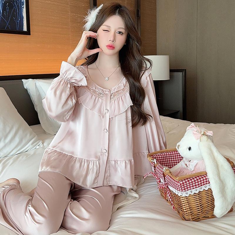 Pure desire wind sweet princess pajamas women's spring and autumn new ice silk French lace long-sleeved loungewear