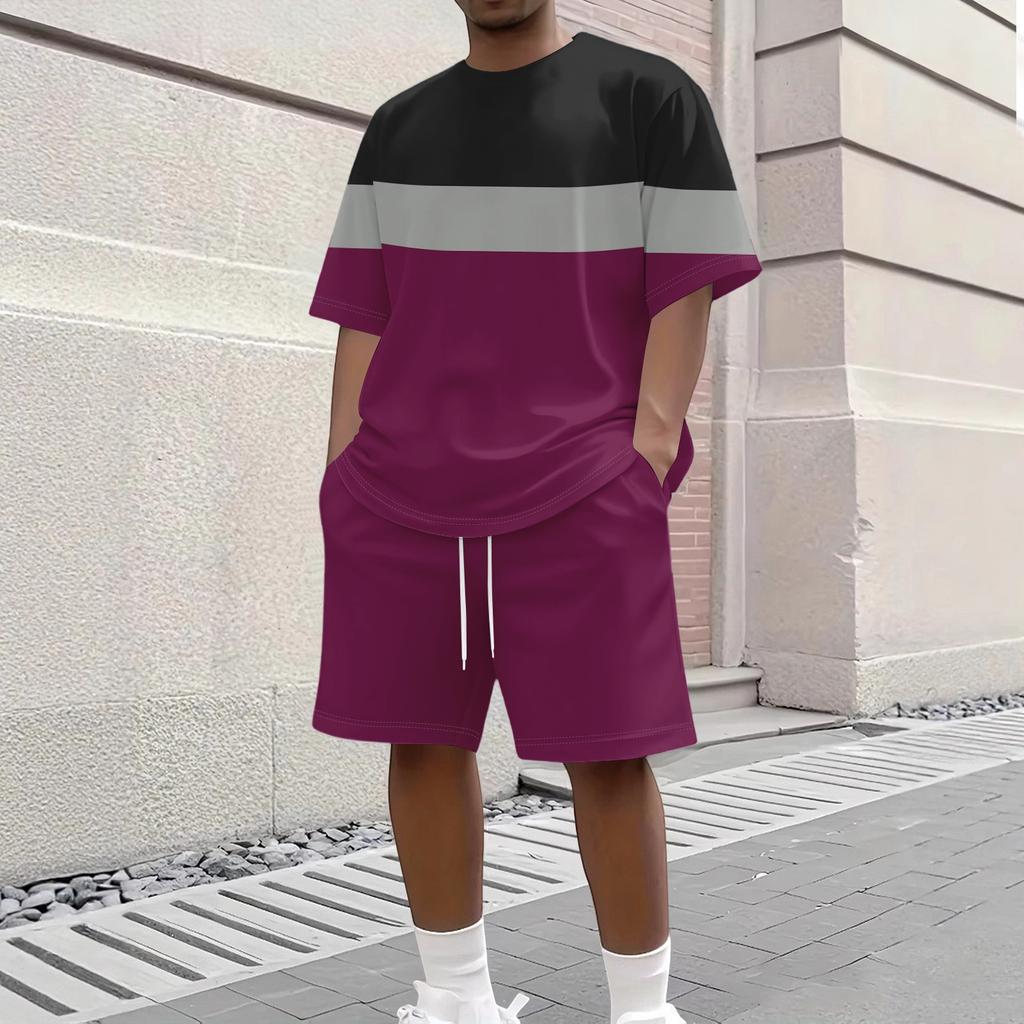 Men's Casual Short Sleeve Crew Neck T-Shirt and Shorts Set Striped Pattern Lightweight Breathable Summer Outfit for Daily Wear