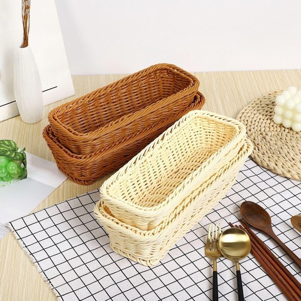 Rectangular Imitation Rattan Storage Basket Household Portable Tableware Storage Container Save Space Simple Faux Wicker Tray
