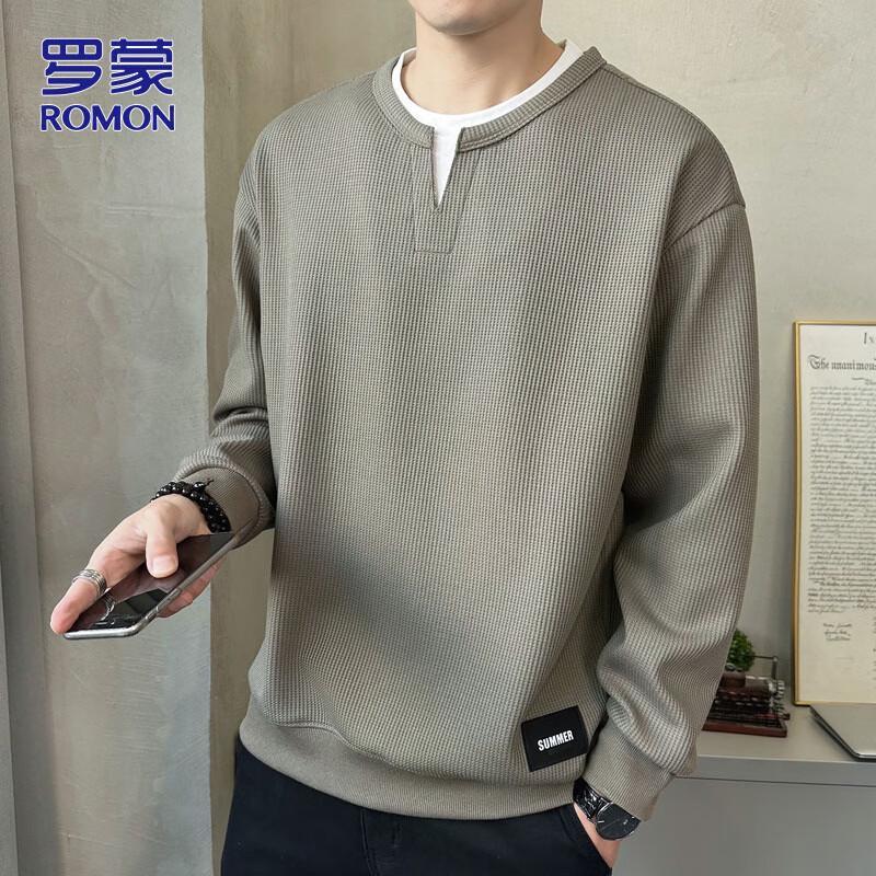 ROMON Men s Faux Two-Piece Round Neck Long Sleeve Loose Sweatshirt 2XL