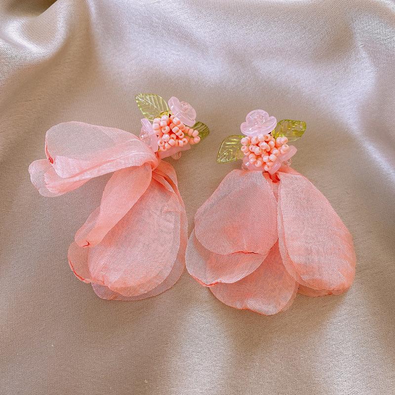 Pink Yarn Mesh Flowers Tassel Dangle Earrings for Women Sweet Girly Imitation Pearl Pendientes Fairy Lolita Party Ear Decoration