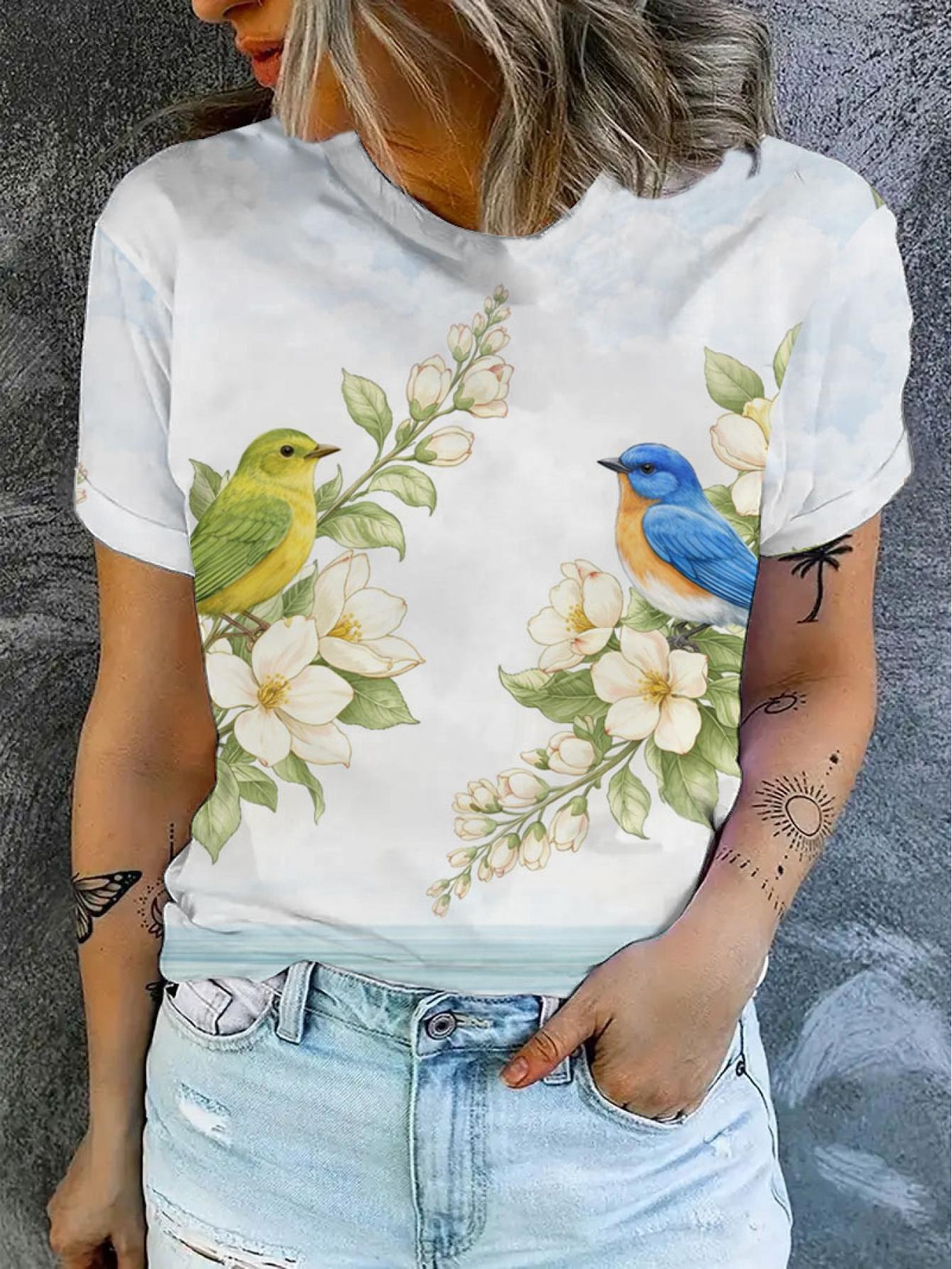 

Summer Women s Short-sleeve Round-neck T-with Floral and Bird Symmetrical. Casual Versatile Top. Gentle Style Vacation T- S дубильна кора
