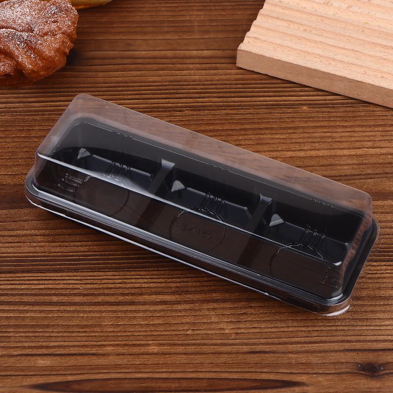 50Pcs Black 3 Grid Pastry Packaging Box With Lid Cake Roll Pastry Takeaway Freshness Boxes Food Grade Baking Dessert Case