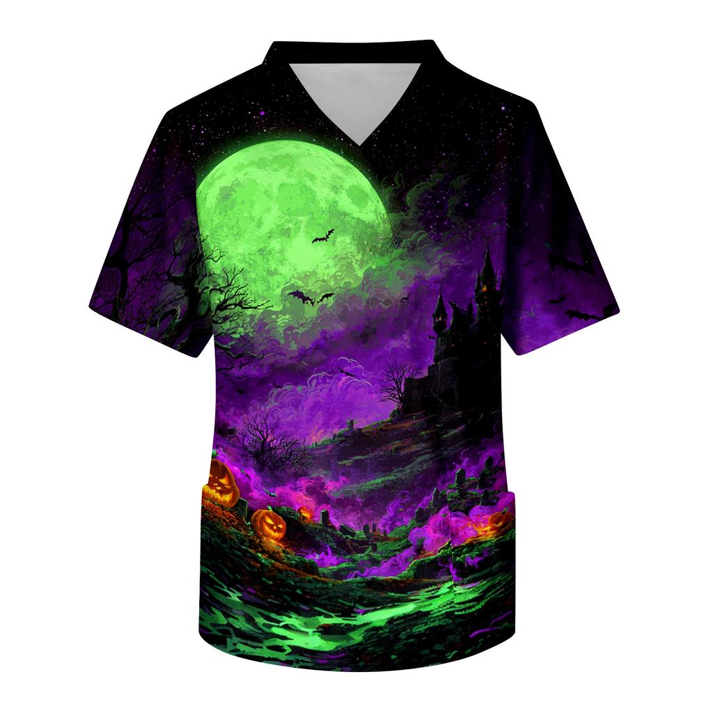Men's Short Sleeve V-Neck Scrub Top with Chest Pocket Halloween Print