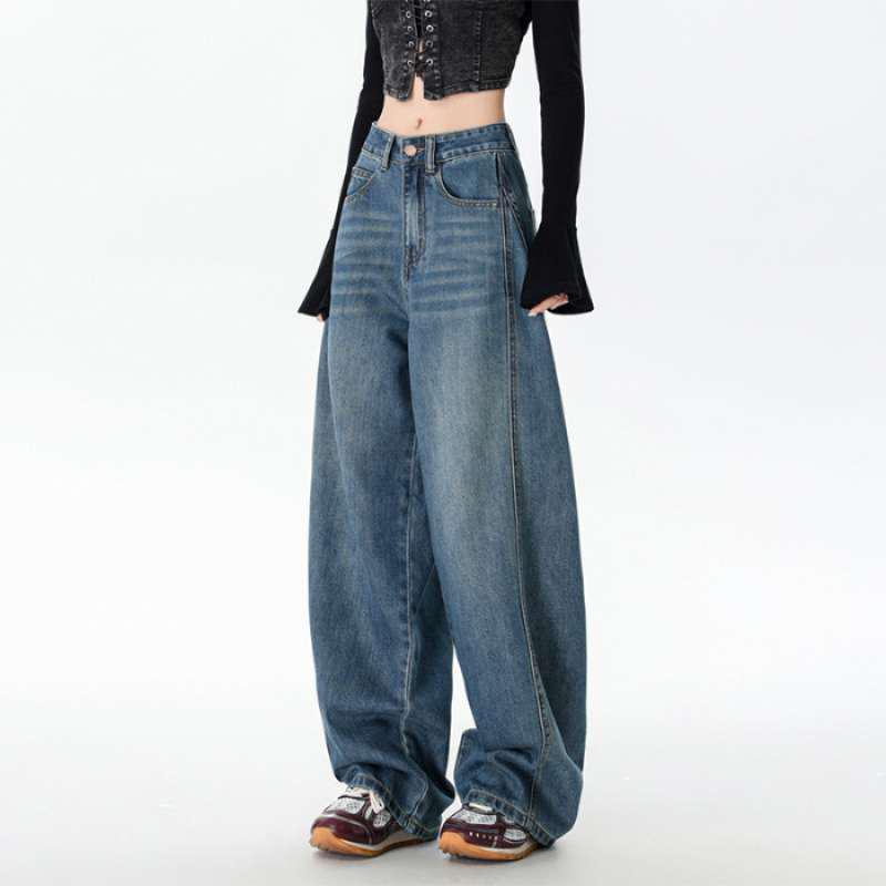 Women's High Waist Wide Leg Retro Scimitar Jeans - Deep Blue, Versatile Spring & Autumn