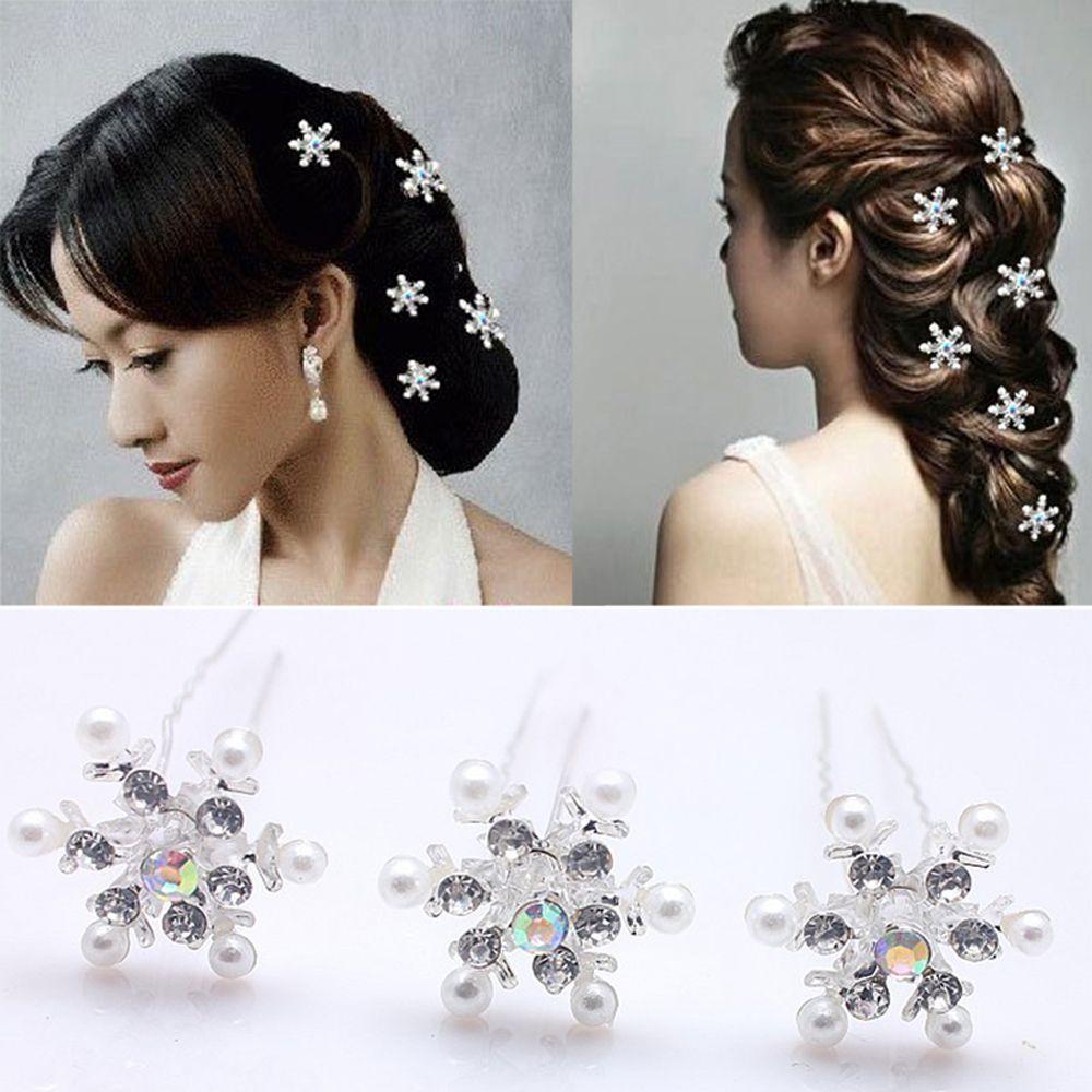 Delicate Snowflake Women Wedding Headwear Hair Pin Pearl Flower Crystal Rhinestone Hair Clips
