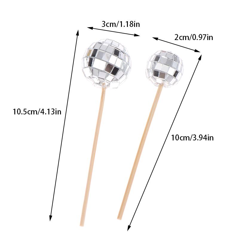 10Pcs 2/3Cm Shiny Mirror Balls Cake Topper Cupcake Toppers With Wooden Sticks Birthday Wedding Dance Party Cake Decoration