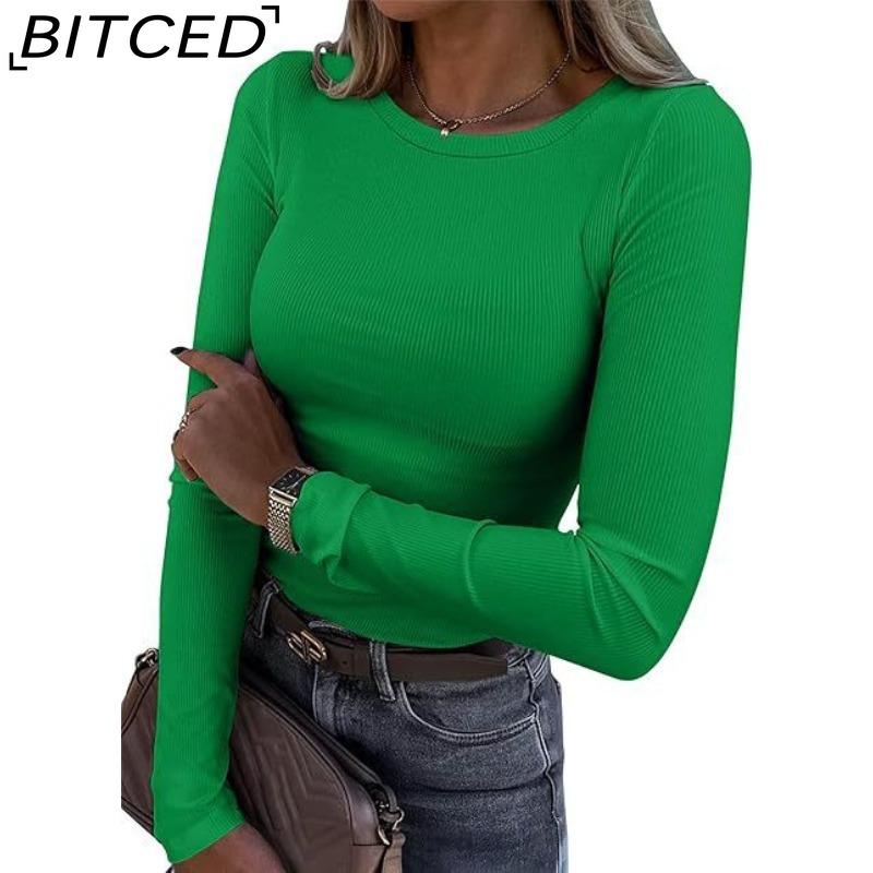 BITCED Women's Long-Sleeved Stretch O-Neck Ribbed T-Shirt Fitted Casual Basic Top